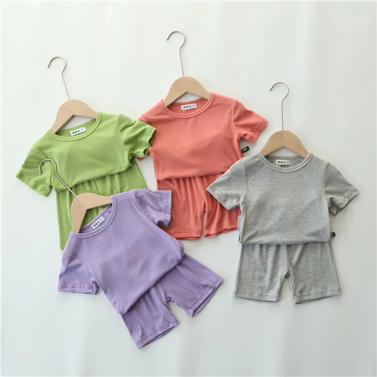 Летняя детская одежда для дома, однотонный детский пижамный комплект из тонкого ребристого хлопка, одежда для сна для маленьких мальчиков и девочек, домашняя одежда, костюм с короткими рукавами 2011264098703