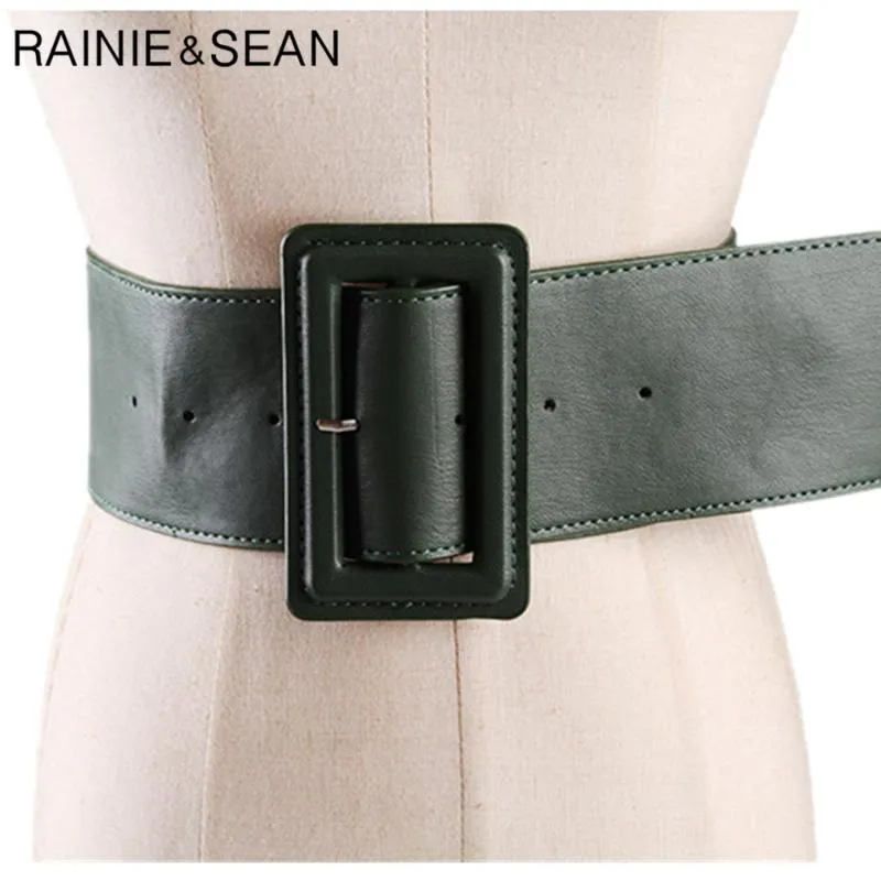 Rainie Sean Läderbälten för kvinnor breda kvinnliga bältesspännen Fashion Autumn Winter Brand New Solid Blue Green Ladies Dress Belts172J