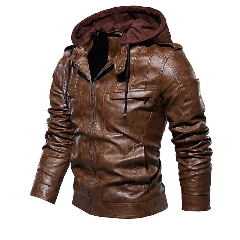 Jaqueta de couro para homens com zíper com capuz de casaco de capuz de inverno casaco de motocicleta fino roupas de moda fora de moda fora de tamanho 4xl 201128