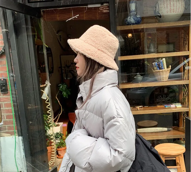 hot Winter Women's Warm Bucket Hat All-match Lamb Wool Blank Fisherman Hat Plush Basin Hat JXW715