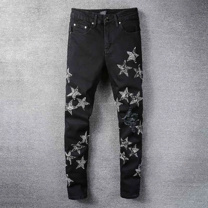 Paisley Print Patchwork Jeans High Street New Style Super Fire Five-pointed Star Embroidery Trend Versatile Simple Men