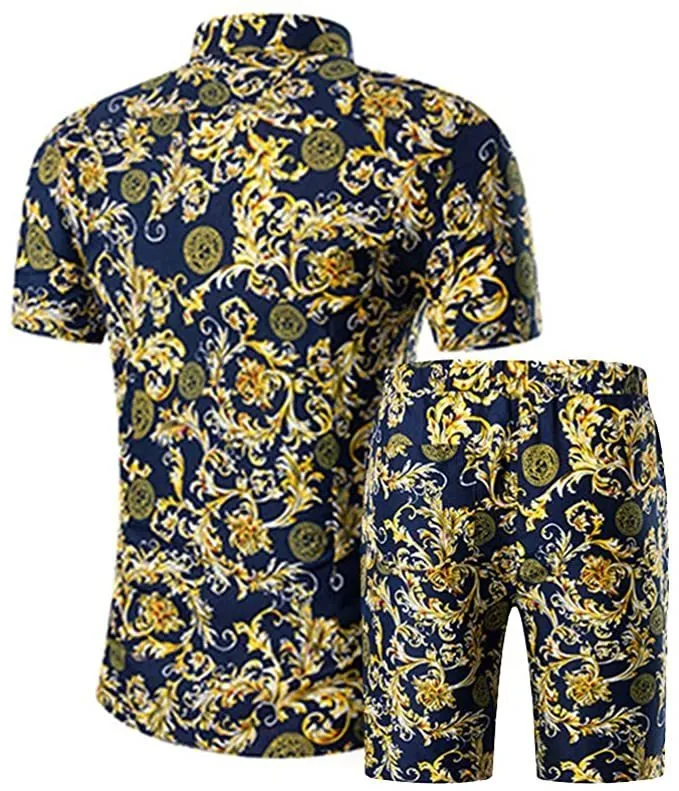 Wzór Dres Mężczyźni Lato Beachwear Męskie Zestaw Mężczyzna Notched T Koszulki + Spodenki Dwuczęściowe Zestawy Kwiatowy Plaża Swaet Suit 5XL 201123