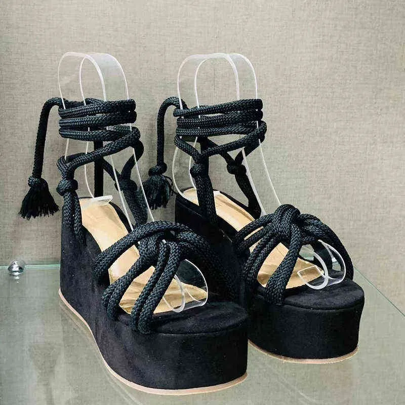 Sandels 녹색 대마 밧줄 샌들 섹시한 여성의 플랫폼 신발 여름 숙녀 편안한 쐐기 크기 36 43 Sandalias de Mujer 220303