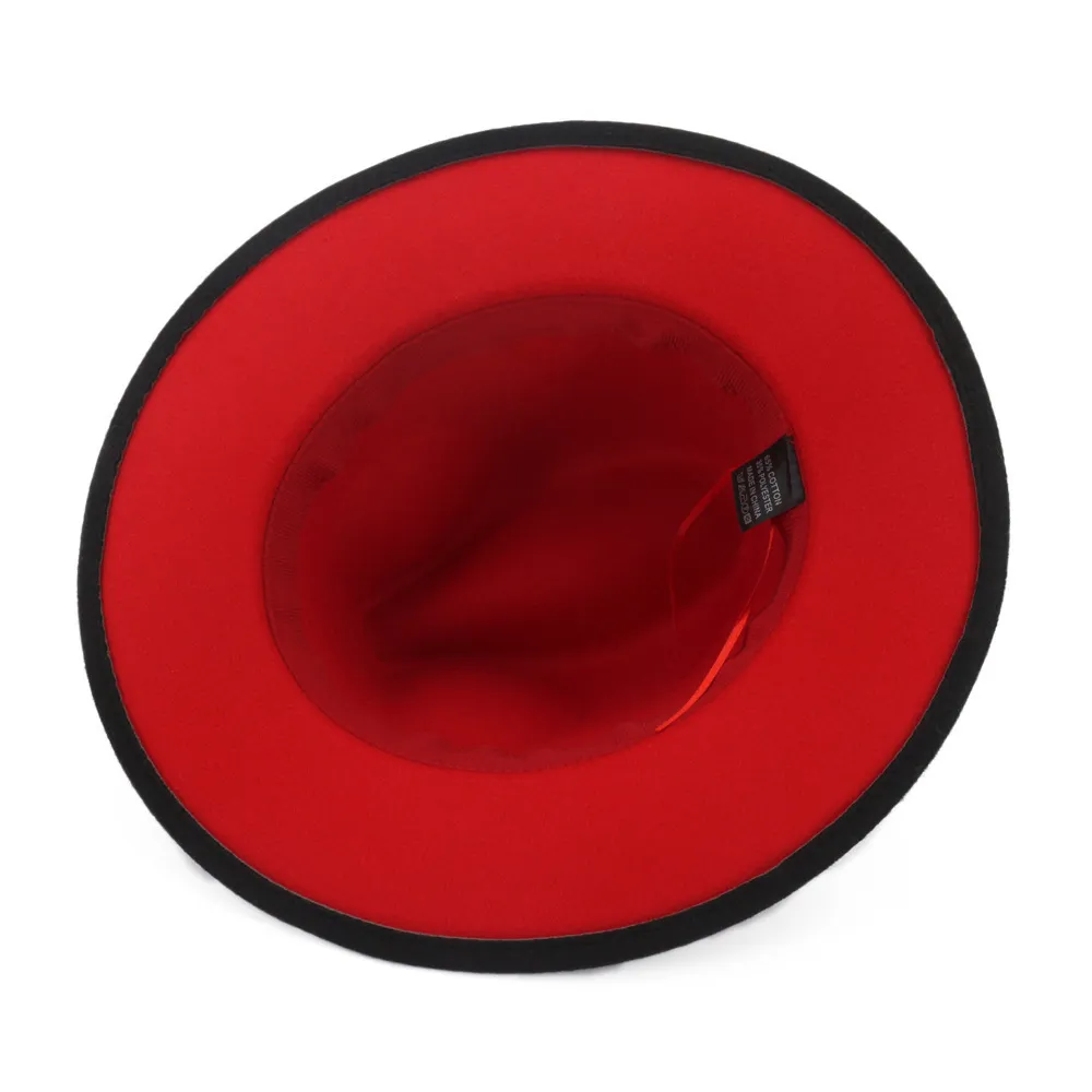 Qiuboss 60 cm 큰 헤드 크기 검은 머리 크기 검은 빨간 패치 워크 펠트 재즈 페도라 모자 모자 넓은 가음 파나마 트리비 캡 여성 T2001189159338