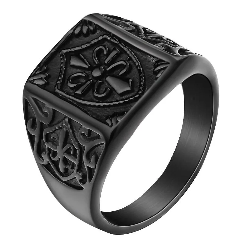 Mode Or Couleur Fleur De Lis Bouclier Bague Pour Hommes Couleur Argent Croix Crête Chevalière En Acier Inoxydable Biker Bijoux Taille 7-1263S