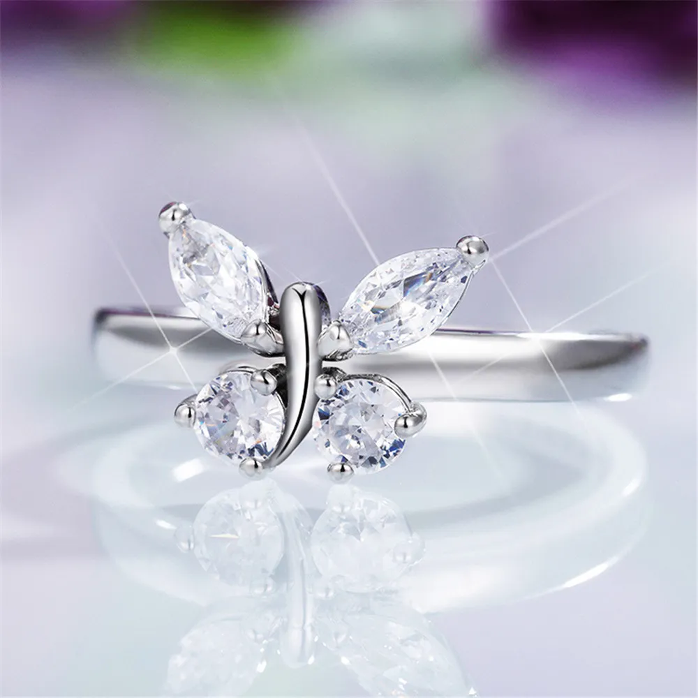 Ring aus 925er-Sterlingsilber, glänzender Volldiamant-Edelstein-Ring, Zirkonia-Ringe, CZ-Diamant-Schmetterlingsring, Ewigkeits-Verlobungsring, Ehering für Frauen
