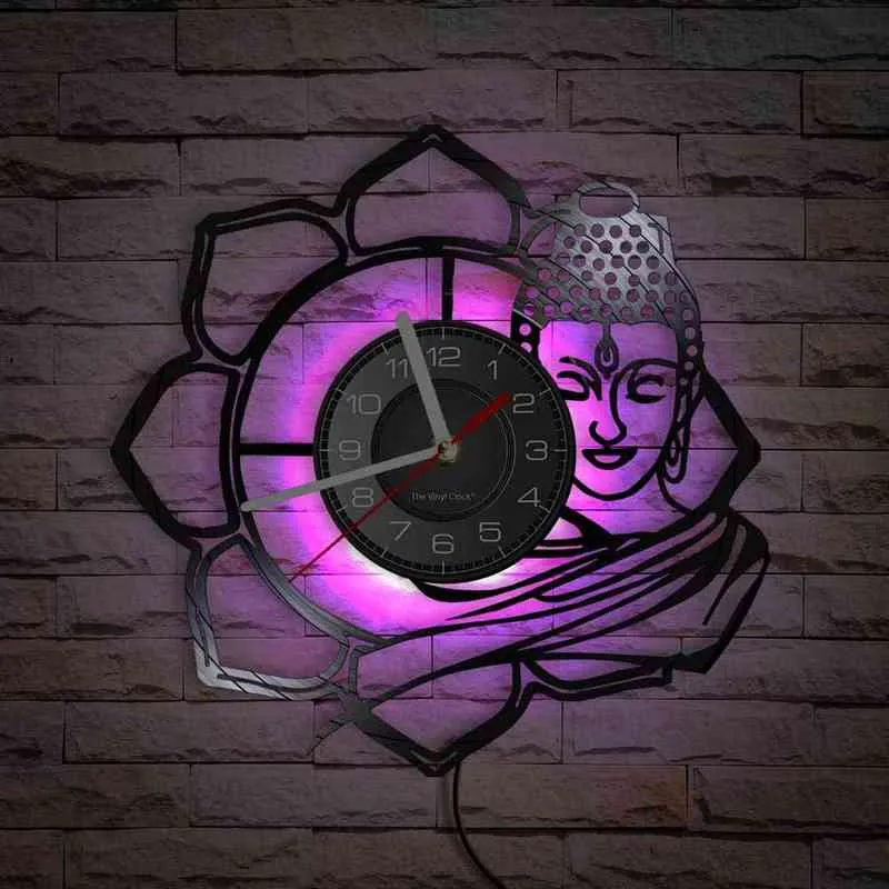 부처님 비닐 LP 벽 시계 침묵하지 않은 시계 영적 가정 장식 힌두교 명상 벽 아트 재확인 기록 시계 H1230