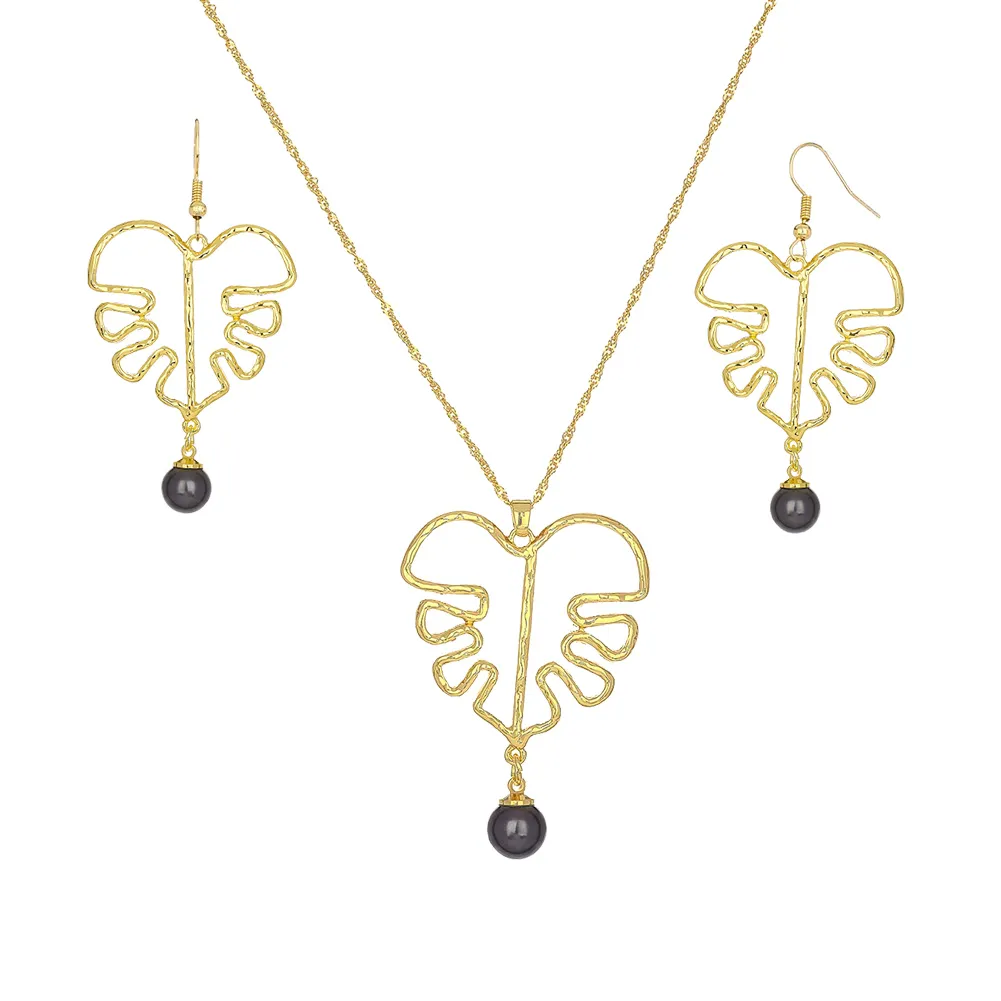 Set di gioielli di orecchini collana 14k oro foglia rotonda foglia nera perla polinesiana people fiore hawaiano set all'ingrosso le donne festa