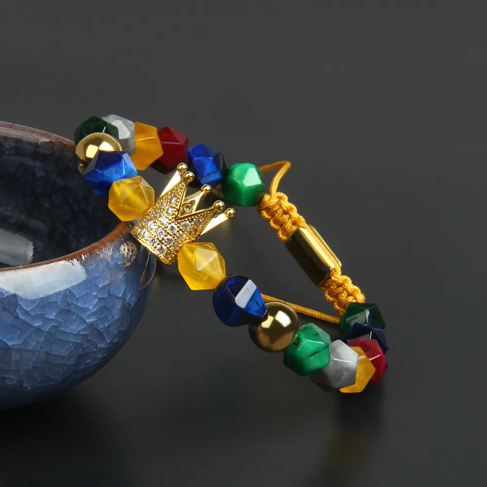 Full Diamond Crown Armband hela mixen 8mm fasetterade klippta naturstenpärlor King Crown Armband Healing Annst Relief smycken 248b