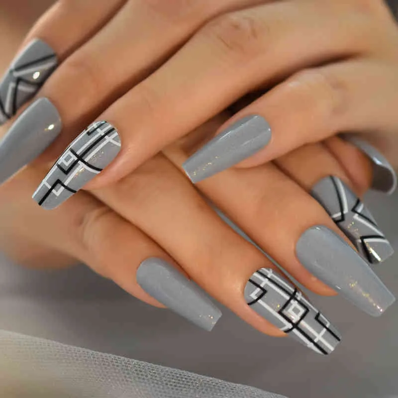 Valse nagels Nail Art False S Coffin Grijs Druk op Medium lang met Designs Fake S Stick Display Faux GLES SHIMMER 220225