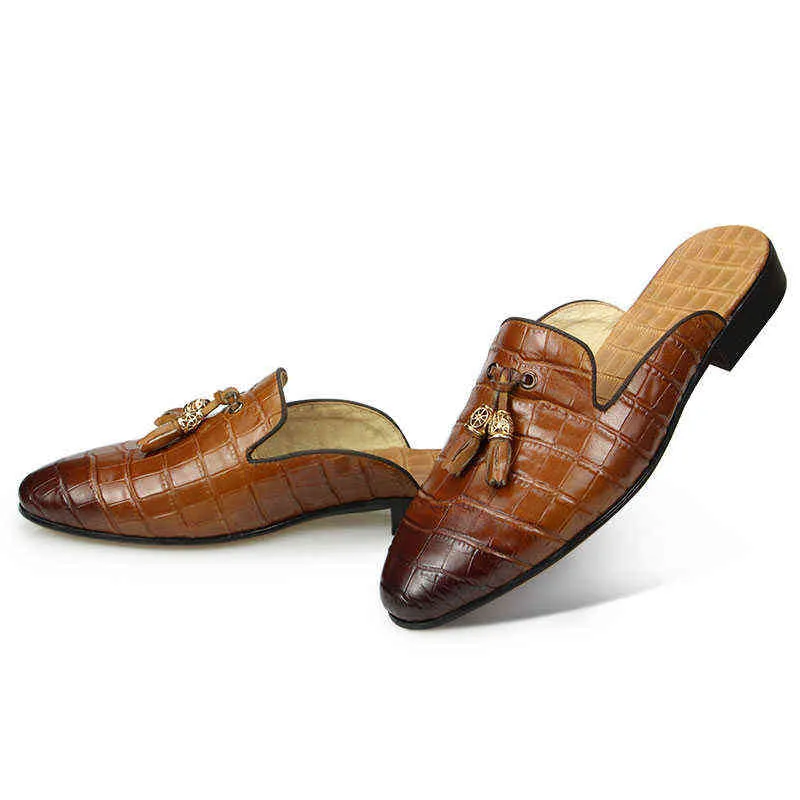 Slippers Halve Cover Schoenen voor Mannen Mode Lederen Lederen Slipper Hoge Kwaliteit Ademend Casual Comfortabel Outdoor Tassel Loafer Volwassen 220302