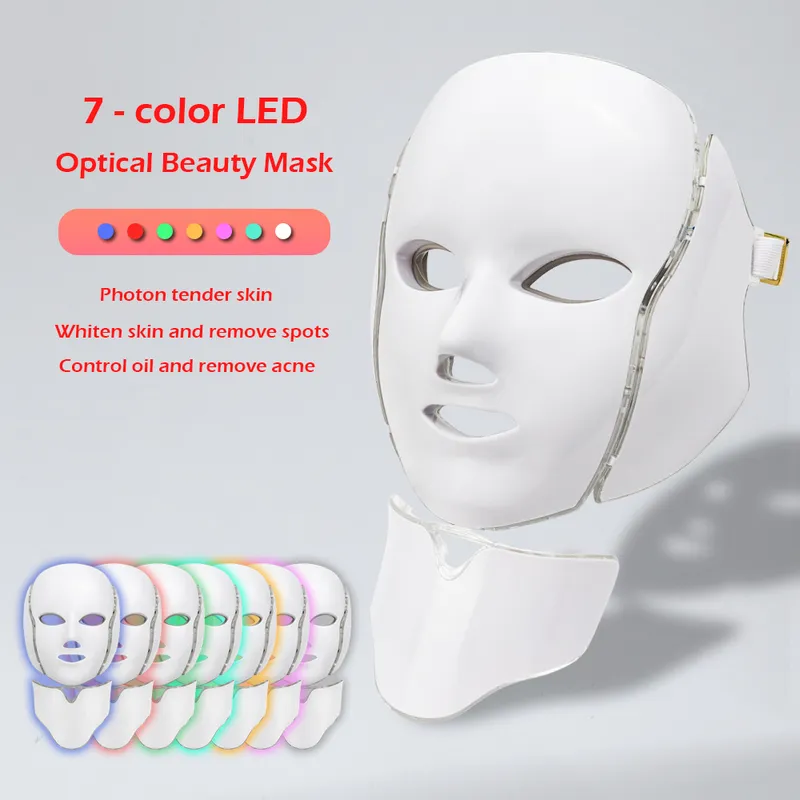 7 LED couleur masque facial avec rajeunissement de la peau du cou serrer l'acné anti-rides traitement de beauté coréen Pon Spa maison 220216
