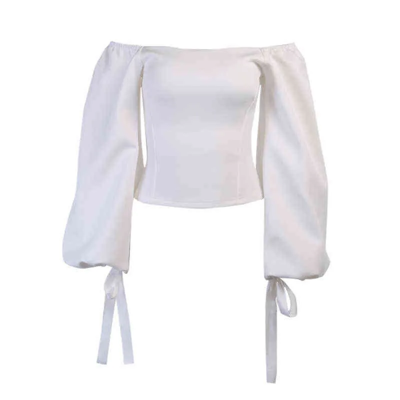 Beyouare Elegante Dames T-shirt Sexy Slash Neck Lantern Sleeve Bandage Solid White Tops Autumn Casual Slim Office Lady Tee 220208