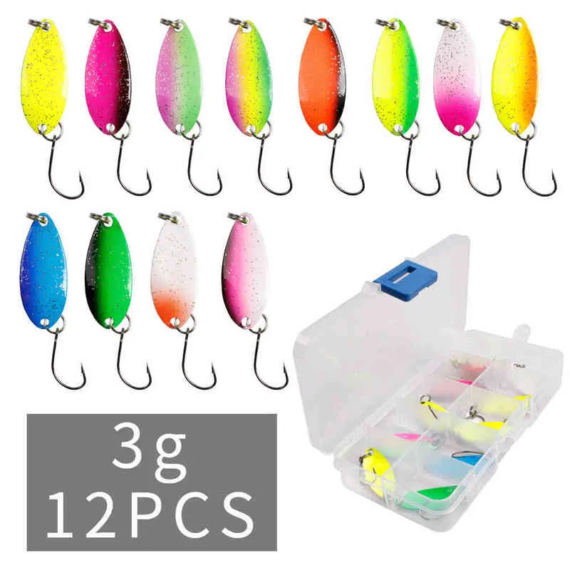 12/cucchiaio esca set pesca esca in metallo lago mare carpa spigola wobbler piccolo mini spinner trota jig scatola rigida kit accessori 211222