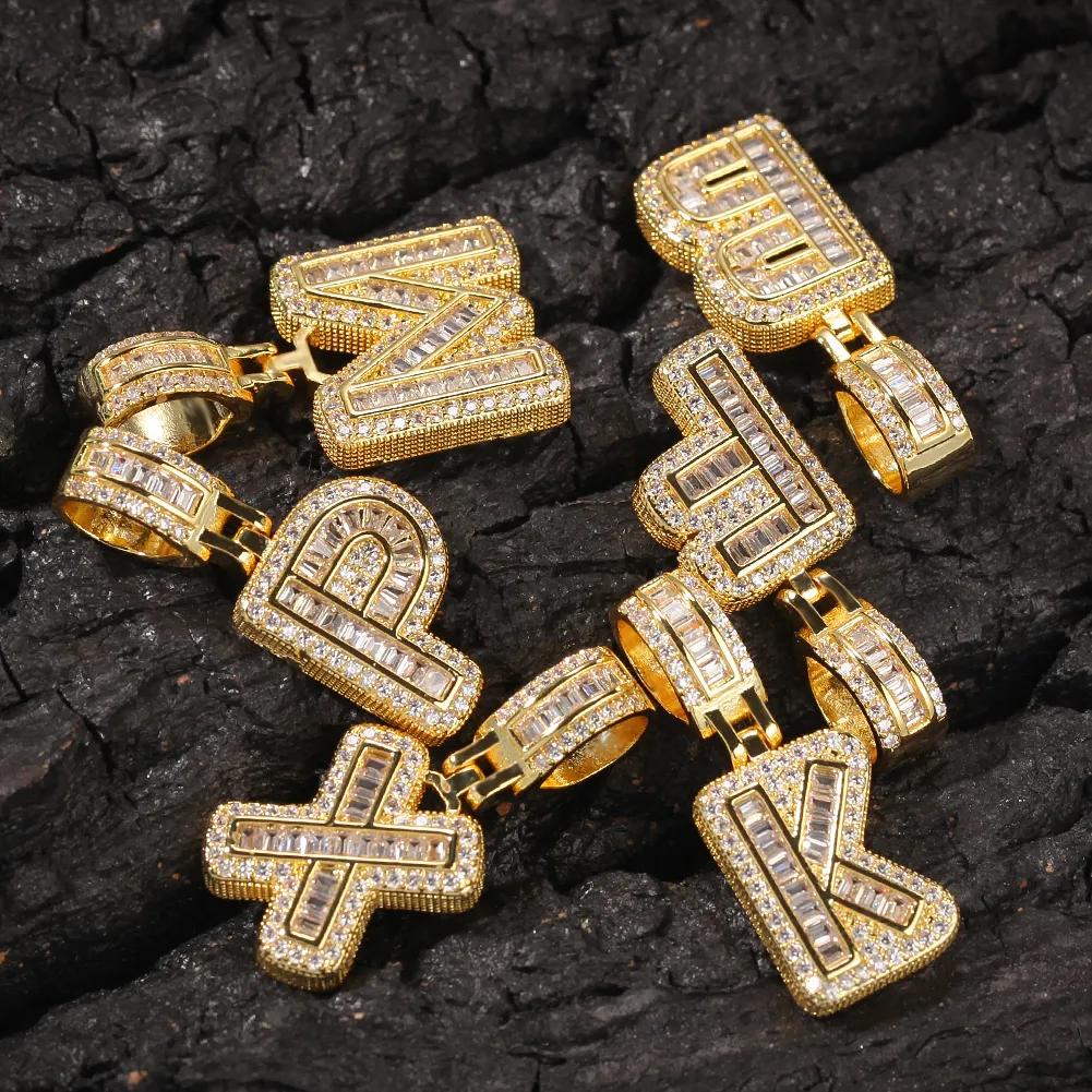 A-Z Kleine Baguette-Buchstaben-Anhänger-Halskette mit Seilkette, Gold, Silber, Zirkonia, Hip-Hop-Schmuck, Tropfen 278O