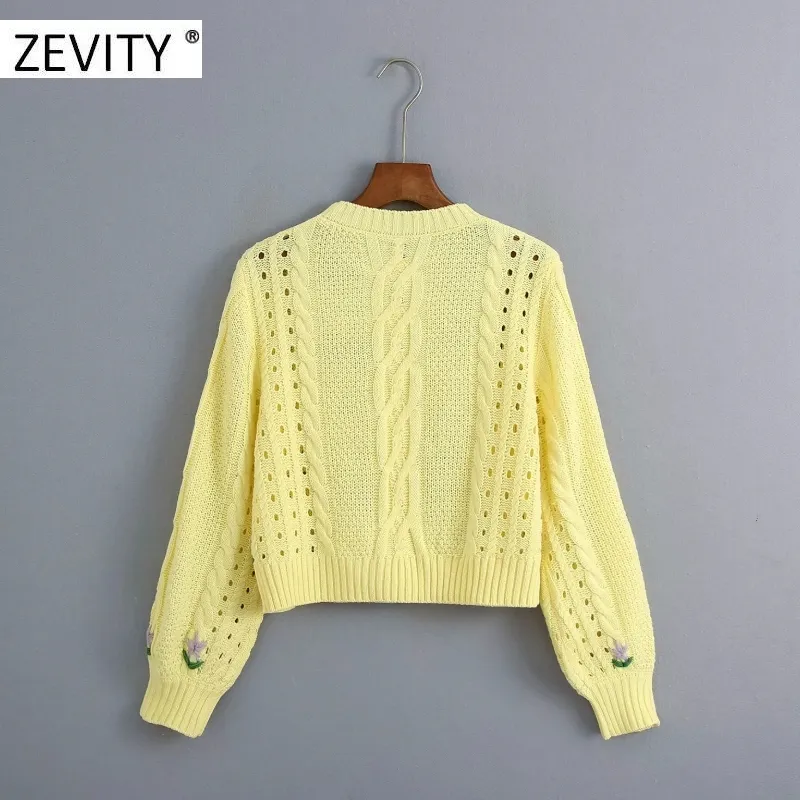 Zevity women Fashion Floral Embroidery Twist Crochet Cropped Knitted Sweater Lady hollow out casual pullovers chic tops S343 201222