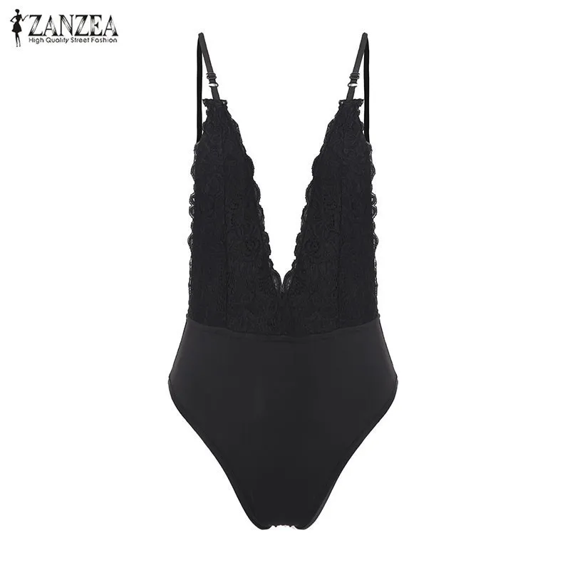 ZANZEA Summer Fashion Sexy Pagliaccetti Donna Tuta Profondo scollo a V senza maniche Spaghetti Strap Backless Tute Pizzo Solid Body T200116