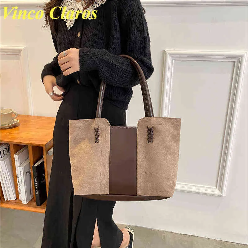 Shopping Bags Luxury Faux Suede Tote Fashion Patchwork Handbags Women Designer Large Capacity Shoulder Bag Sac A Main Bolsa New Winter220307