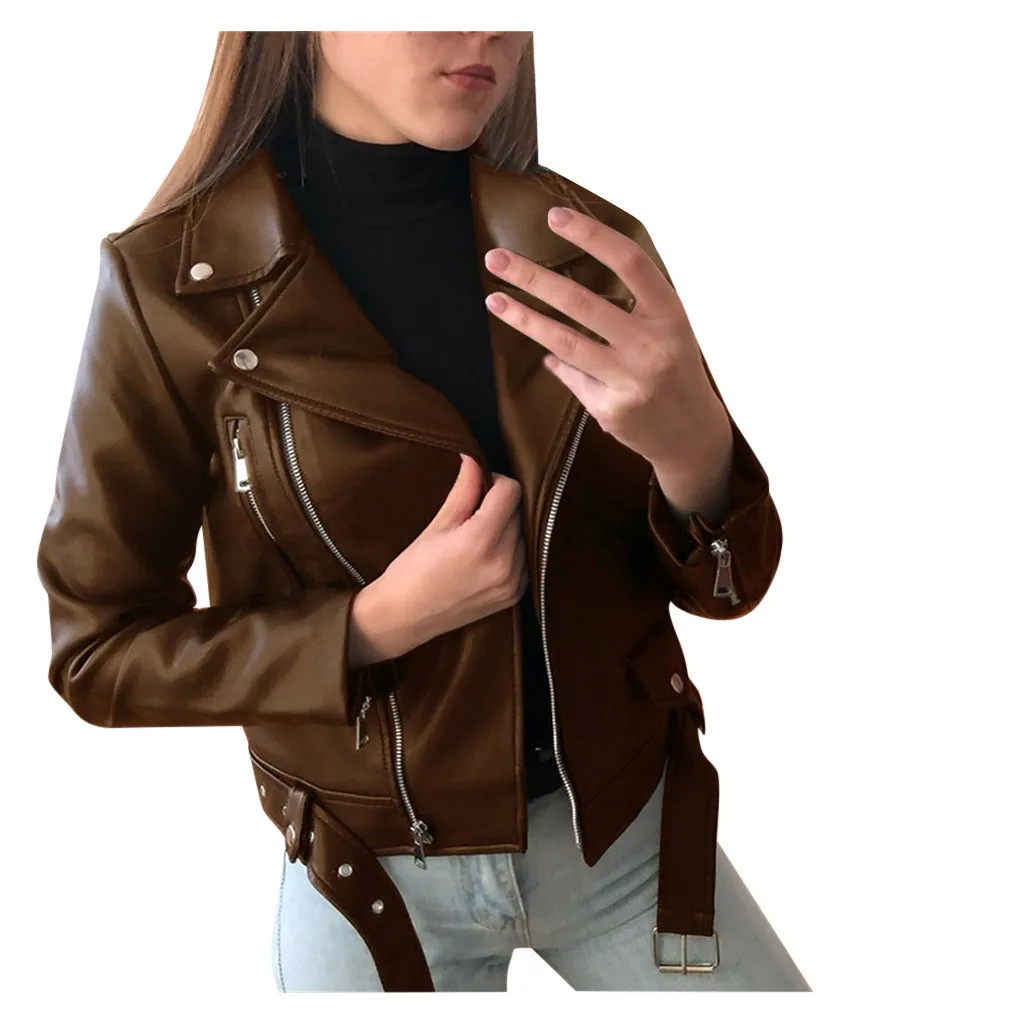 Frauen Coole Kunstlederjacke Langarm Reißverschluss Ausgestattet Mantel Herbst Kurze Jacke Herbst Winter Motorrad Streetwear Outwear 201029