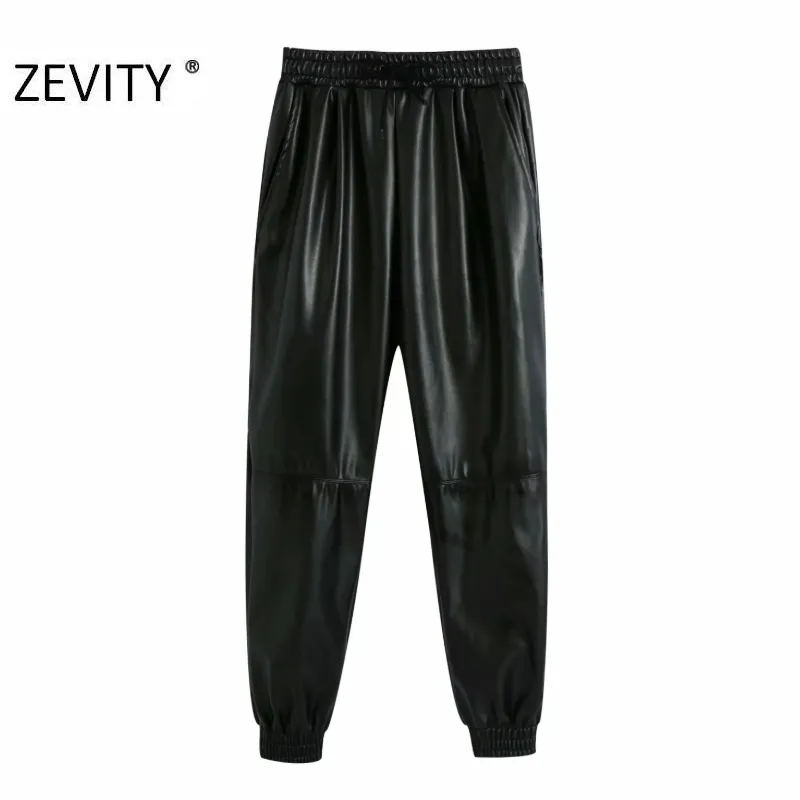 Zevity Novas mulheres Moda Moda Casual Casual Couro Ponta de Harem Chic Cintura elástica Cintura Femme Pantalones calças Mujer P950 201113