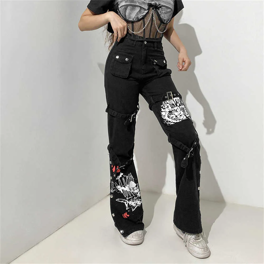 Gothique Emo Alt Cargo Pantalon Techwear Hip Hop Jeans Lazy Goth Punk Noir Denim Pantalon Streetwear Académique Taille Basse Joggers Y2k 220115