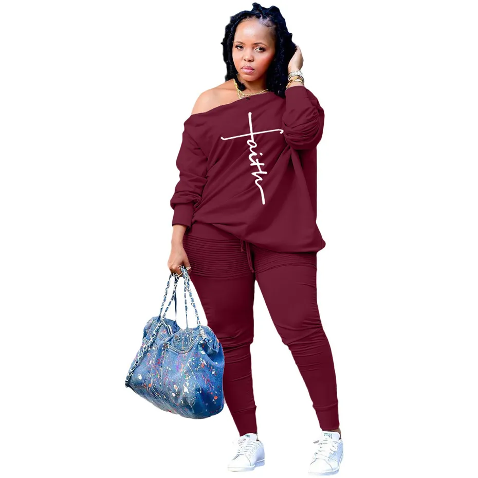 Partihandel Produkter Kvinnor Tracksuits Plus Size Y2K Outfits Sexiga Slash Neck Leggings Två Piece Set Långärmad Fashion Slim Letter Kläder K8416