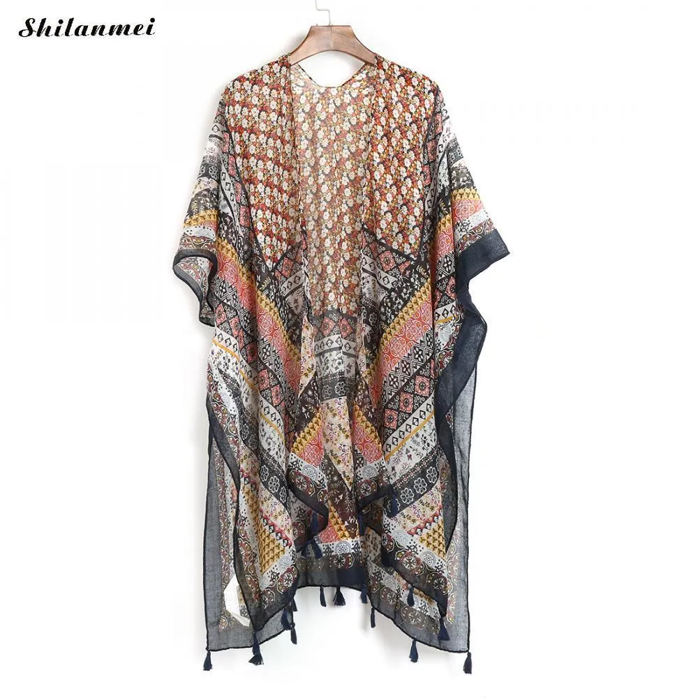 Bohemian Unregelmäßige Gedruckte Kimono Cardigan Beachwear Sommer Frauen Blusas Retro Lose Bluse Shirts Lange Oberbekleidung 10 Stil T200321