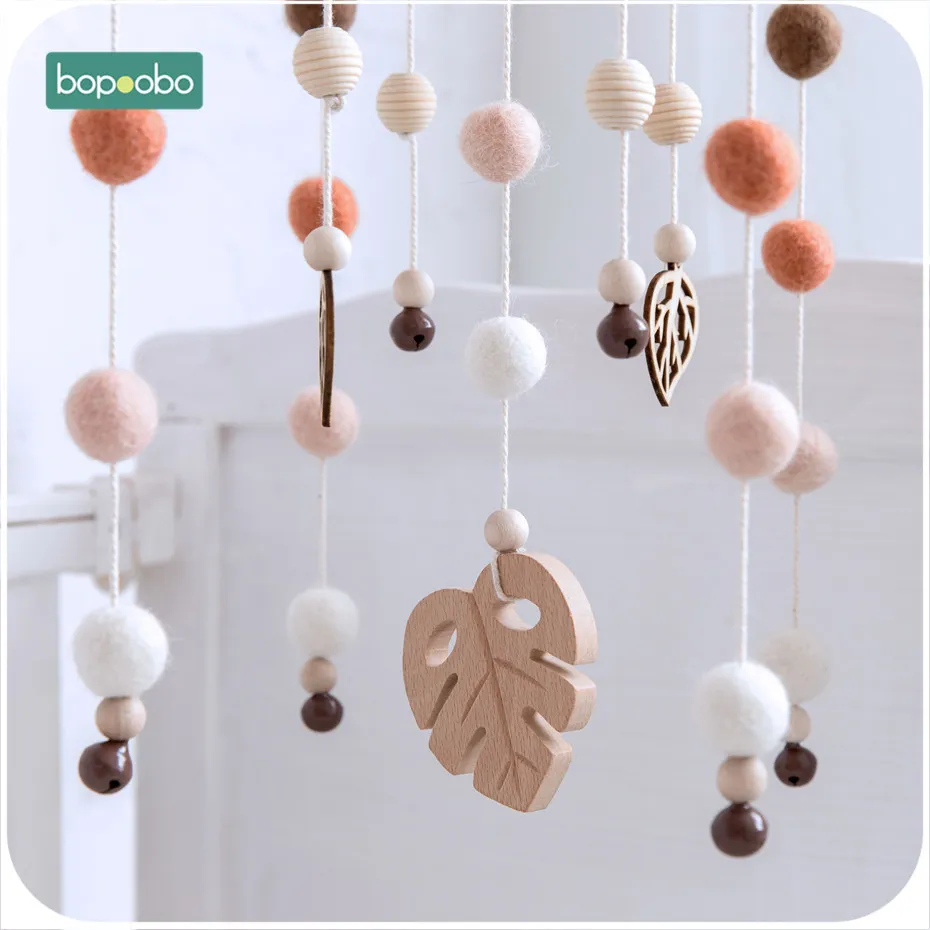 Bopoobo Silikonpärlor Baby Mobile Beech Wood Bird Rattles Wool Balls Kid Room Bed Hängande Inredning Nursing Barnprodukter LJ201113