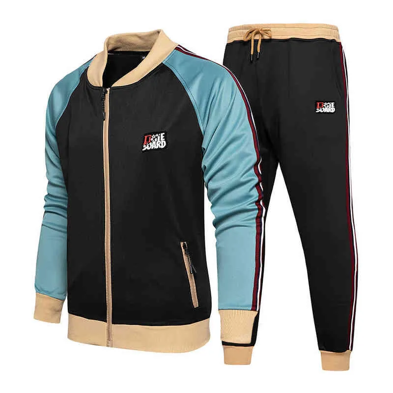 メンズトラックスーツセット2ピーススポーツウェアファッションカラーブロックジョギングスーツ秋冬衣装ジム服211230