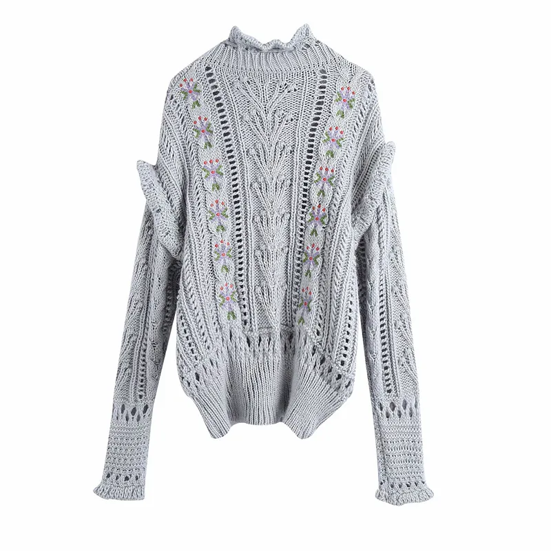 Za Grey Oversized Woman Sweaters Embroidery Pullover Knitted Sweater Women Autumn Winter Long Sleeve Ruffle Trim Sweater 201203