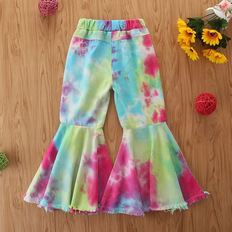 Mode Toddler Girl Tie Dye Pantalon Bell-bottom Noël Enfant Léopard Trou À Volants Leggings Enfants Denim Pantalon Jambes Tissu LJ201019