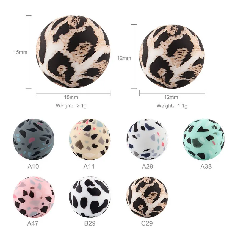 Beads de silicone 15mm Leopardo Terrazzo Imprimir bebê Beething Bead Tie-Tye DIY Chupeta Corrente Infantil Cuidado Oral Teether Pearl 220211