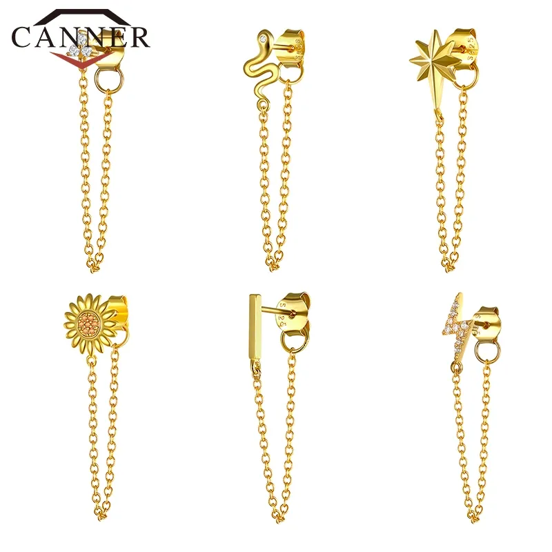 925 Sterling Silver Tassel Earrings Gold Color Snake Chain Stud for Women Fashion Jewelry