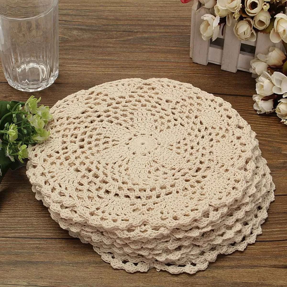 Vintage Cotton Mat Round Hand Crocheted Lace Doilies Flower Coasters Household Table Decorative Crafts Accessories T2005181h