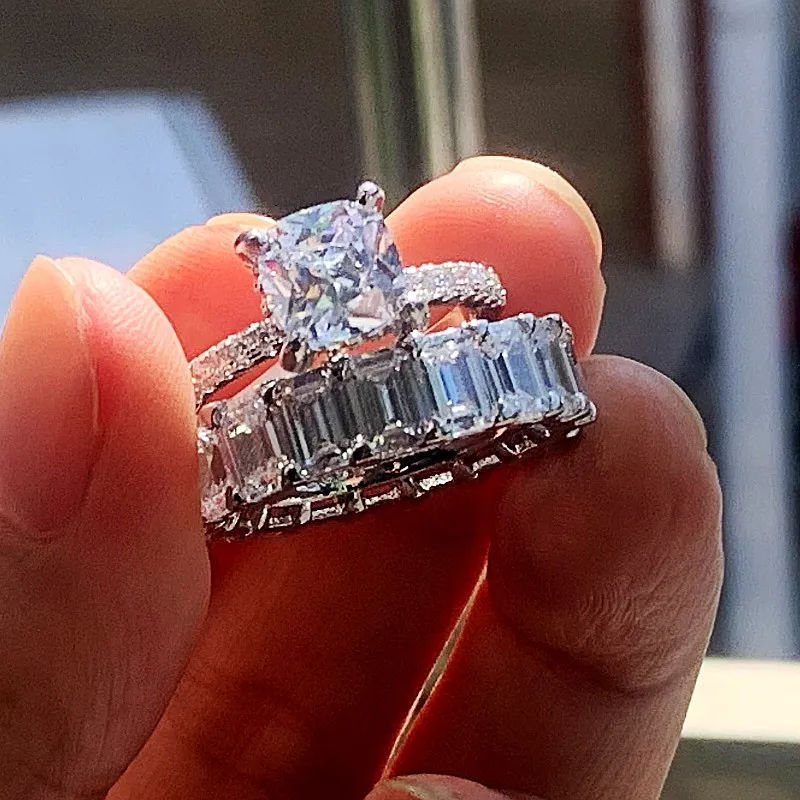 Tamanho 5-10 casal anéis de luxo jóias 925 prata esterlina esmeralda corte branco topázio cz diamante eternidade feminino casamento anel de noiva se2798