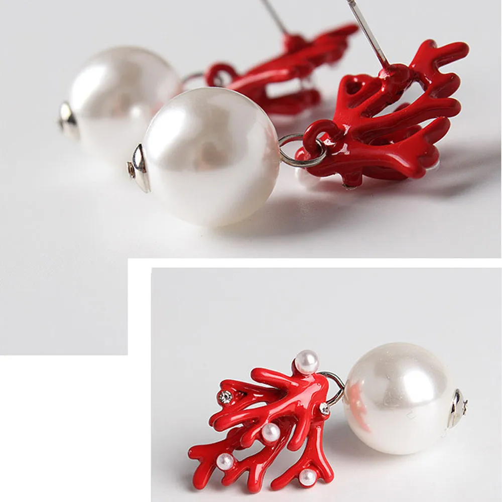 붉은 산호 사슴 뿔 크리스마스 귀걸이 흰색 가짜 진주 스터드 귀걸이 패션 크리스마스 선물 쥬얼리 홀리데이 파티 귀 액세서리