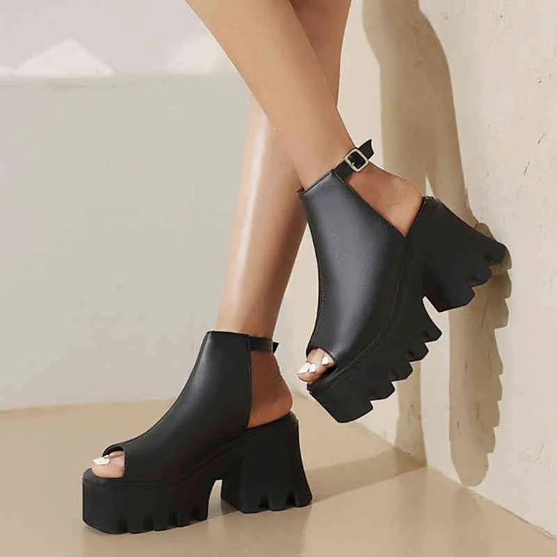 RIBETRINI Big Size 45 On Sale Open Toe Chunky Heels Buckle Strappy Goth Cool women's Sandals Black Leisure Casual Punk Shoes Y220225