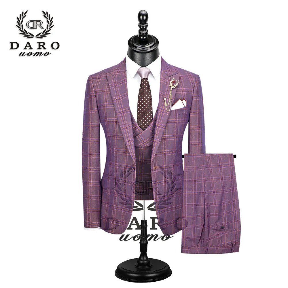 DARO New Men Suit Fashion Plaid Suit Slim Fit azul púrpura Vestido de novia Trajes Blazer Pantalón y chaleco DR8193 201027