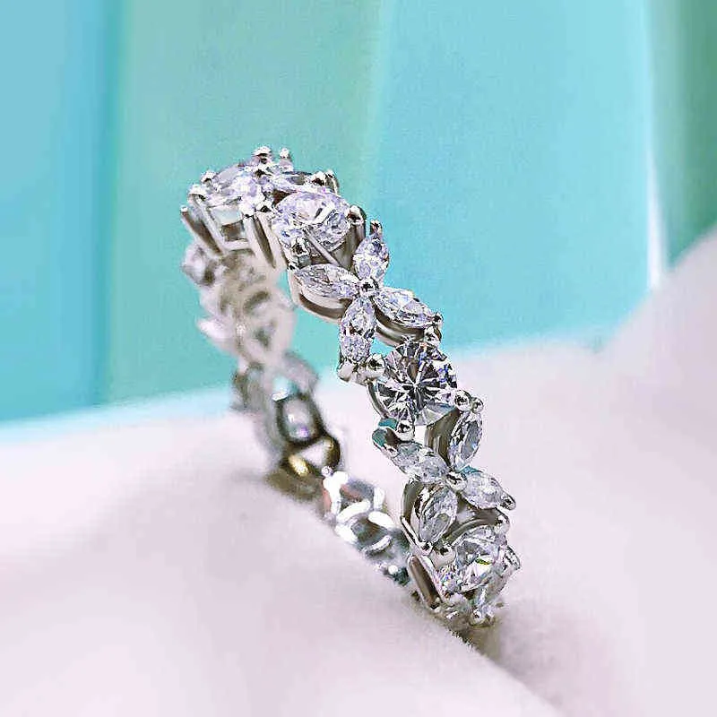 Oevas 100% 925 sterling zilveren mousserende volle hoge koolstof dimond zirkoon bloem ringen voor vrouwen engagement bruiloft fijne sieraden 211217