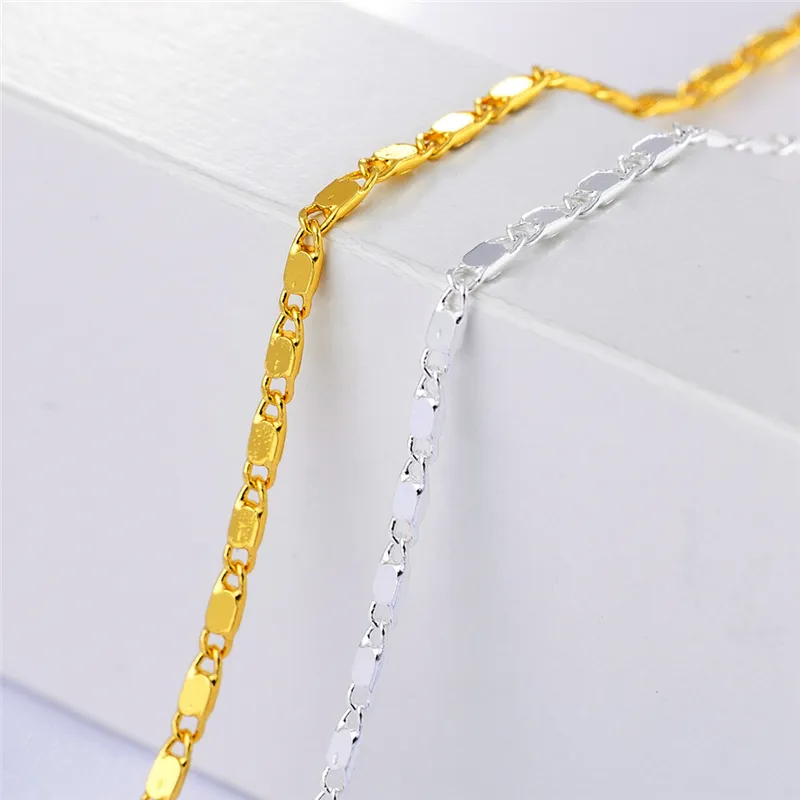 2mm gładki płaskie łańcuch Naszyjnik mody kobiety 18 -karatowy złoty łańcuch dla mężczyzn 925 srebrne łańcuchy naszyjniki