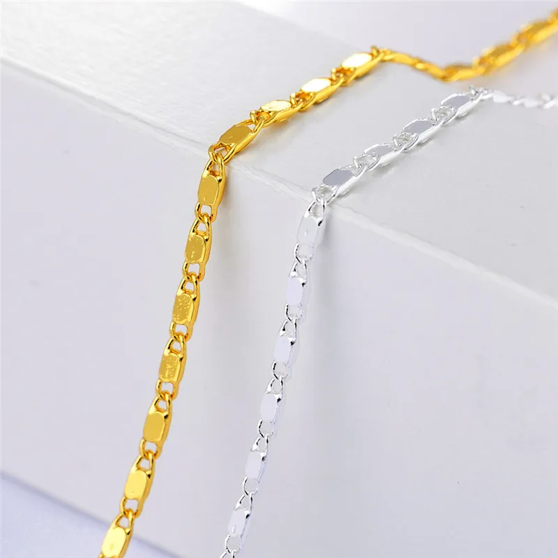 2mm Smooth Flat Chains Necklace Fashion Women 18K Gold Plated Chain for Men 925 Silver Plated Chains Necklaces Gifts DIY Jewelry A200s