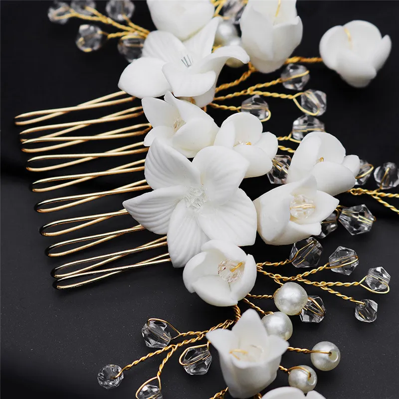 Modna panna młoda Handmade Polimer Gliny Kwiat z Pearl Crystal Hair Comb Grzebień Ślub Ozdoby Ozdoby J0121