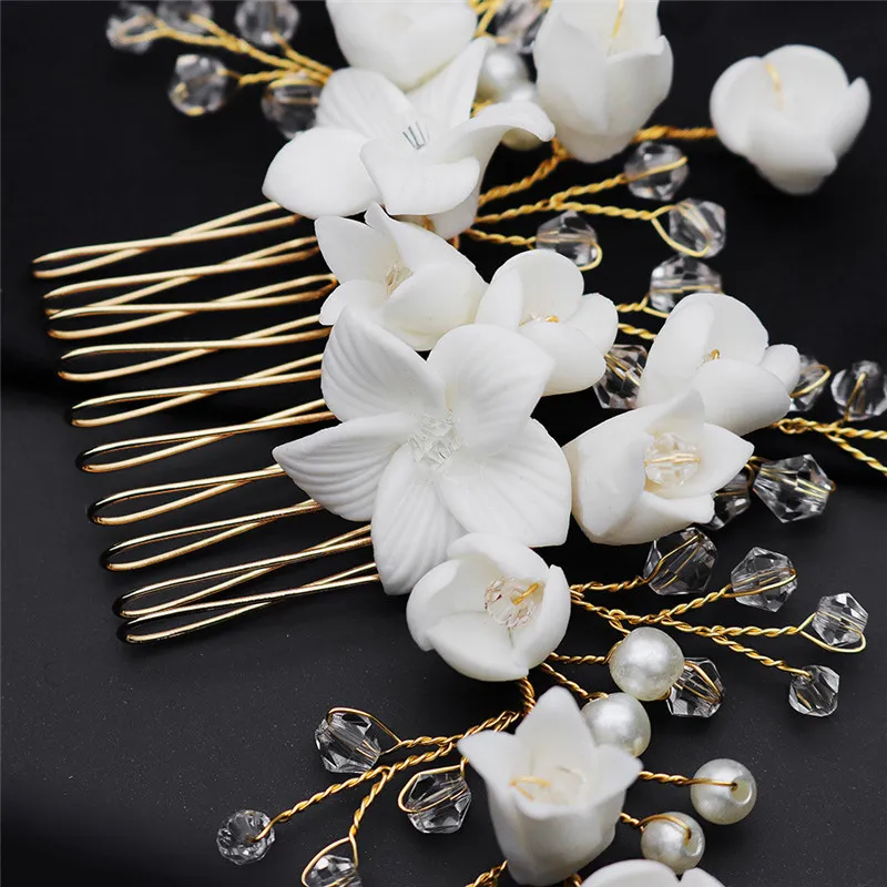 Trendy Bride Handmade Polymer Clay Flower with Pearl Crystal Hair Comb Wedding Headdress Bride Head Piece Ornaments J0121