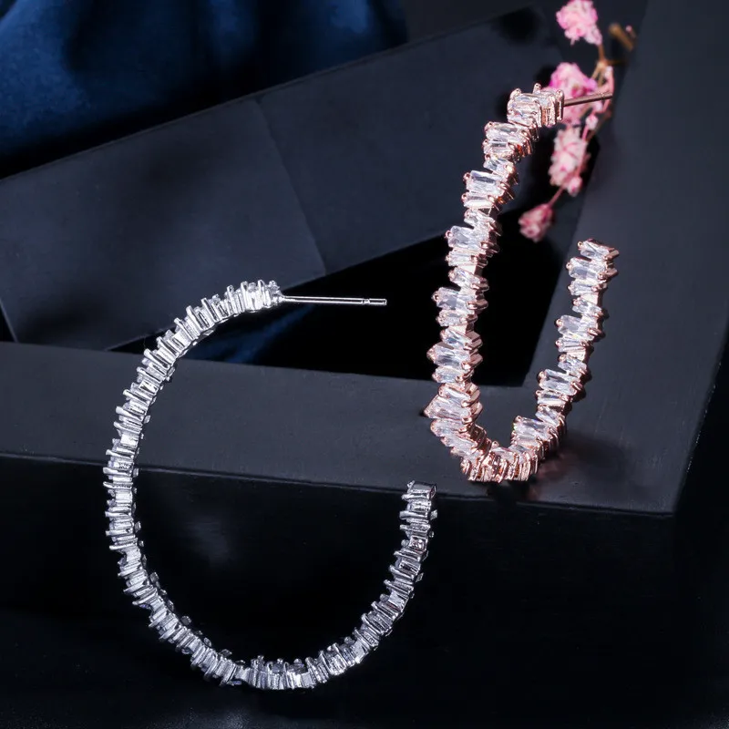 Designer di orecchini a cerchio di lusso donna in argento 925 post AAA Cubic Zirconia gioielli in rame placcato oro rosa bianco CZ orecchino ragazze W2786