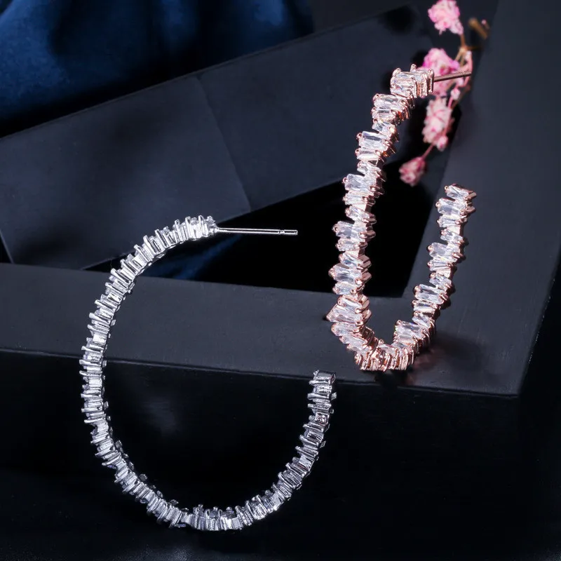 Luxe hoepeloorbel ontwerper voor vrouw 925 zilveren post AAA Cubic Zirconia koperen sieraden Rose vergulde witte CZ oorbel meisjes W2786