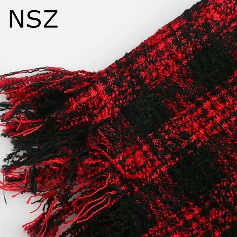 NSZ donna rossa pied de poule oversize giacca di tweed moda autunno plaid misto lana cappotto con cintura nappa tuta sportiva a quadri chaqueta LJ201021