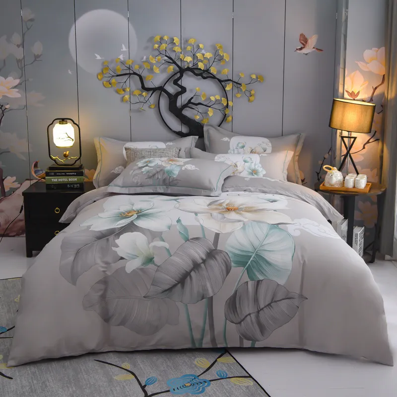 Tulip Lily Floral 100% coton Ensemble de literie super doux Fleurs vibrantes Housse de couette Drap de lit plat Housse de couette Taies d'oreiller T200706