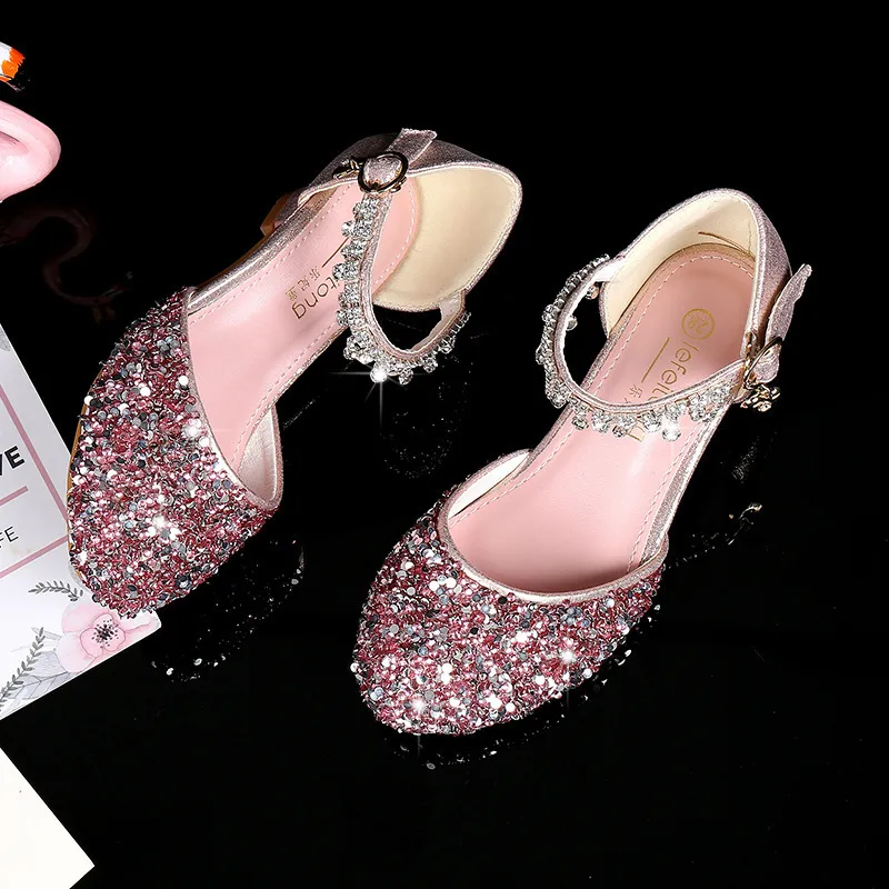 ULKNN Girls Glitter Sandals Children's High Heels Shoes Kids Performance Crystal Baby Catwalk Princess 220225