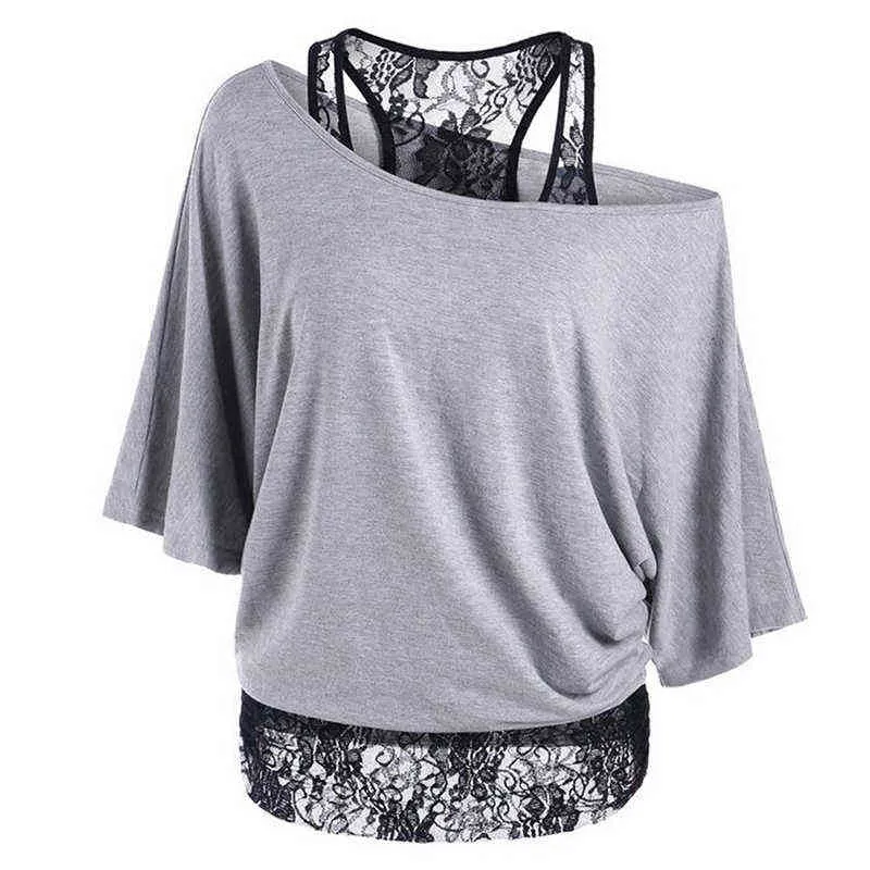 BigSweety Spring秋の女性Tシャツファッションレースパッチワーク基本TシャツカジュアルルースTシャツバットウィングスリーブトップスFemme G220228