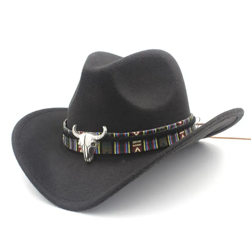 Kvinnliga män ull ihålig västra cowboy hatt roll-up breda grim cowgirl jazz ryttare sombrero mössa med tassel tauren band2596